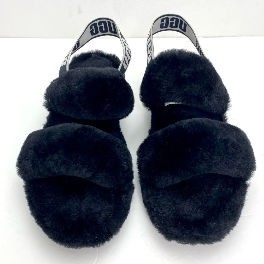 Ugg Oh Yeah Fur Double Strap Flat Sandals In Black Size 10